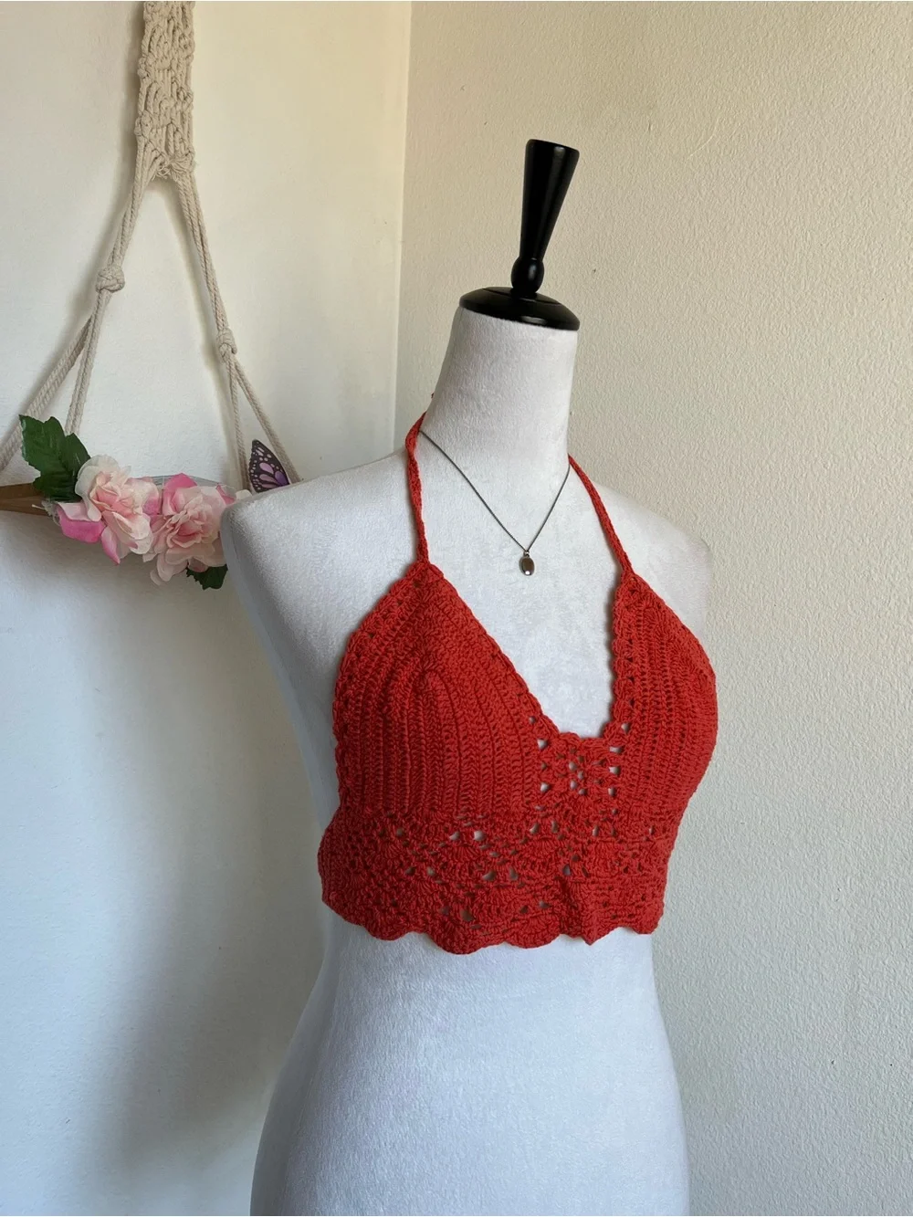 Orangish Red Crochet Halter Crop Top size small